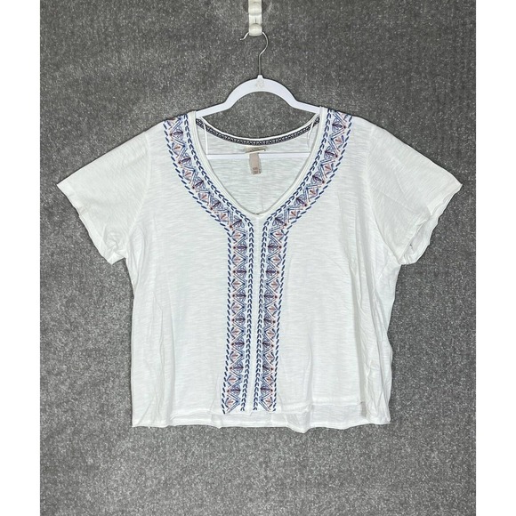 Knox Rose Short Sleeve Raw Edge Shirt Womens Size XXL White Embroidered Bug Fly - Picture 1 of 8